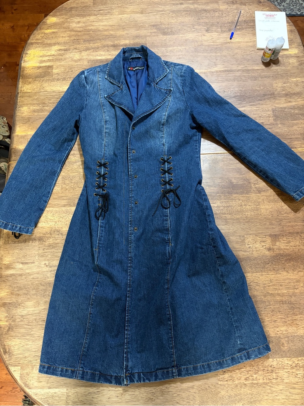 Women's Lace-Up Denim Trench Coat - Blue